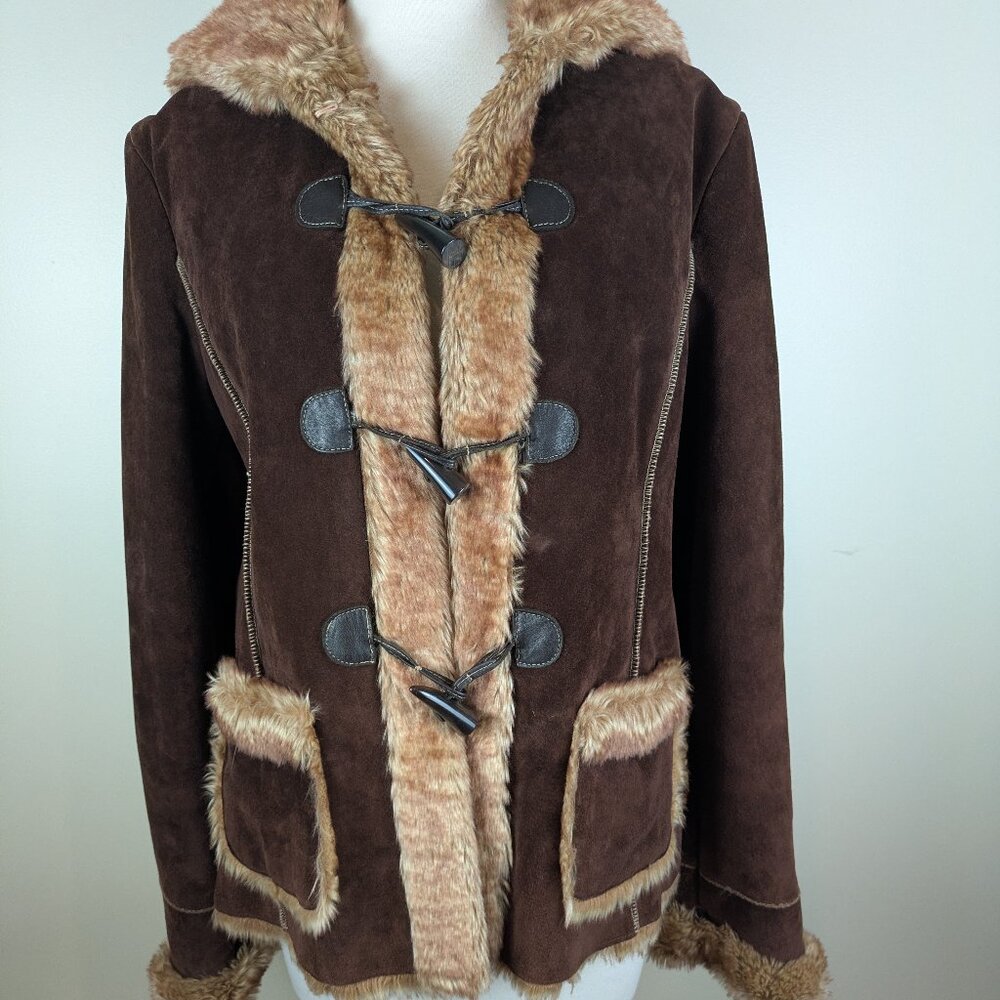 Vintage Y2K Penny Lane Suede Guess Hoodie Hooded Coat w/ Faux Fur Lining L